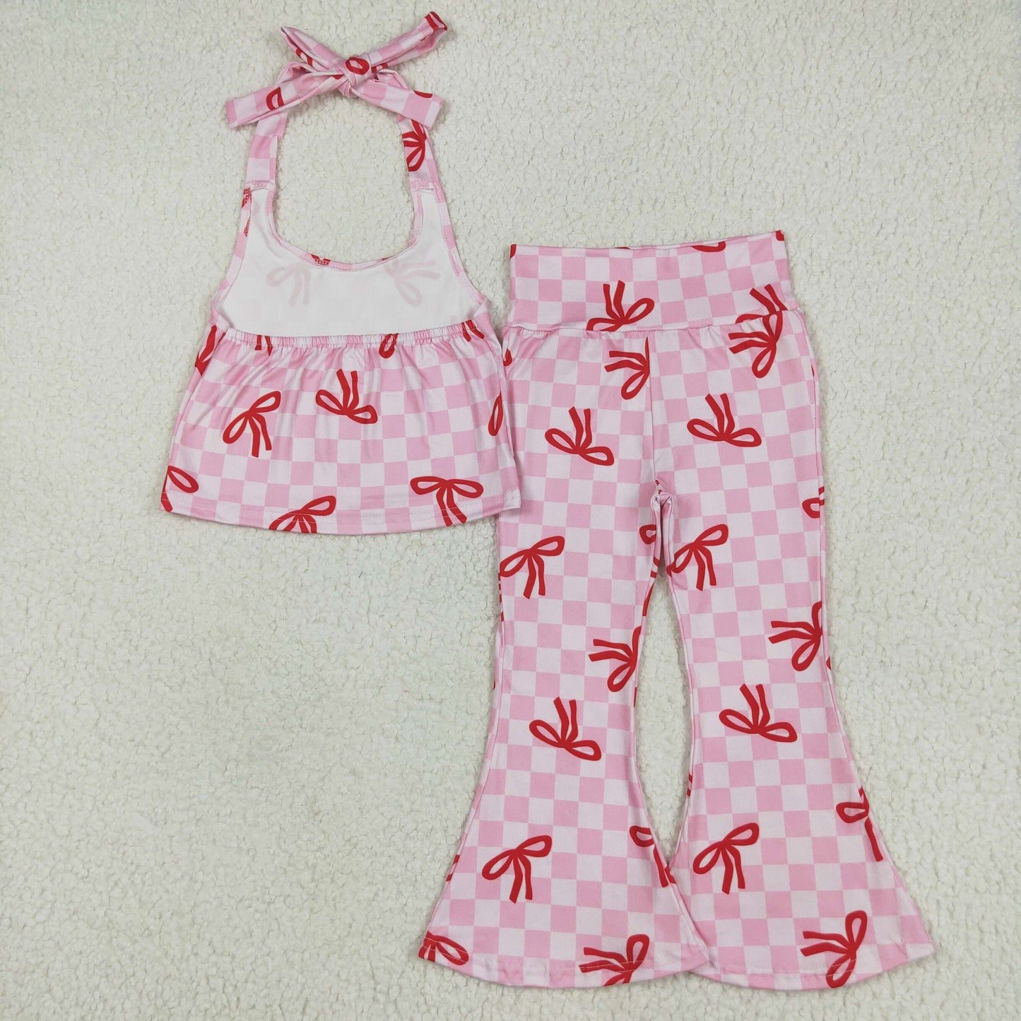 Baby Girl Straps Bows Checked Pink Vest Tops Bell Pants Set RTS