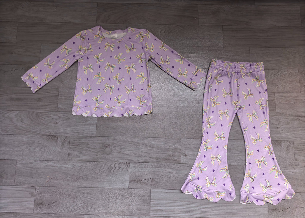 ( No moq ) Preorder Baby Girls Kids Bows Shirt Scalloped Pants Mardi Gras Set Purple Clothes