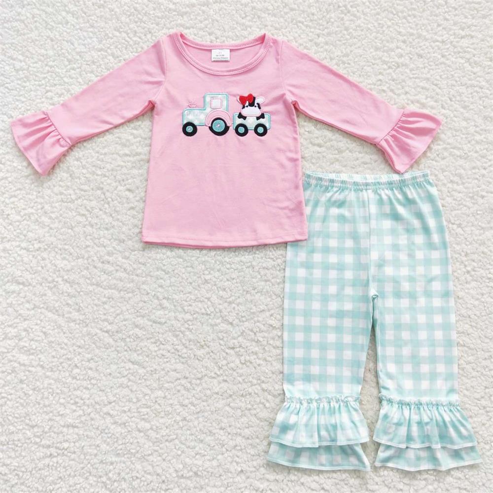 LR0376 Baby Girl Pink Long Sleeves One Piece Embroidery Tractor Cow Romper