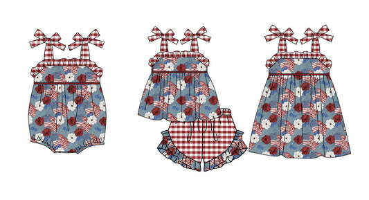 Baby Girl Flags Flower July 4th Sibling Romper Dress Clothes Set ( Moq 5 Each Design ) 11.26
