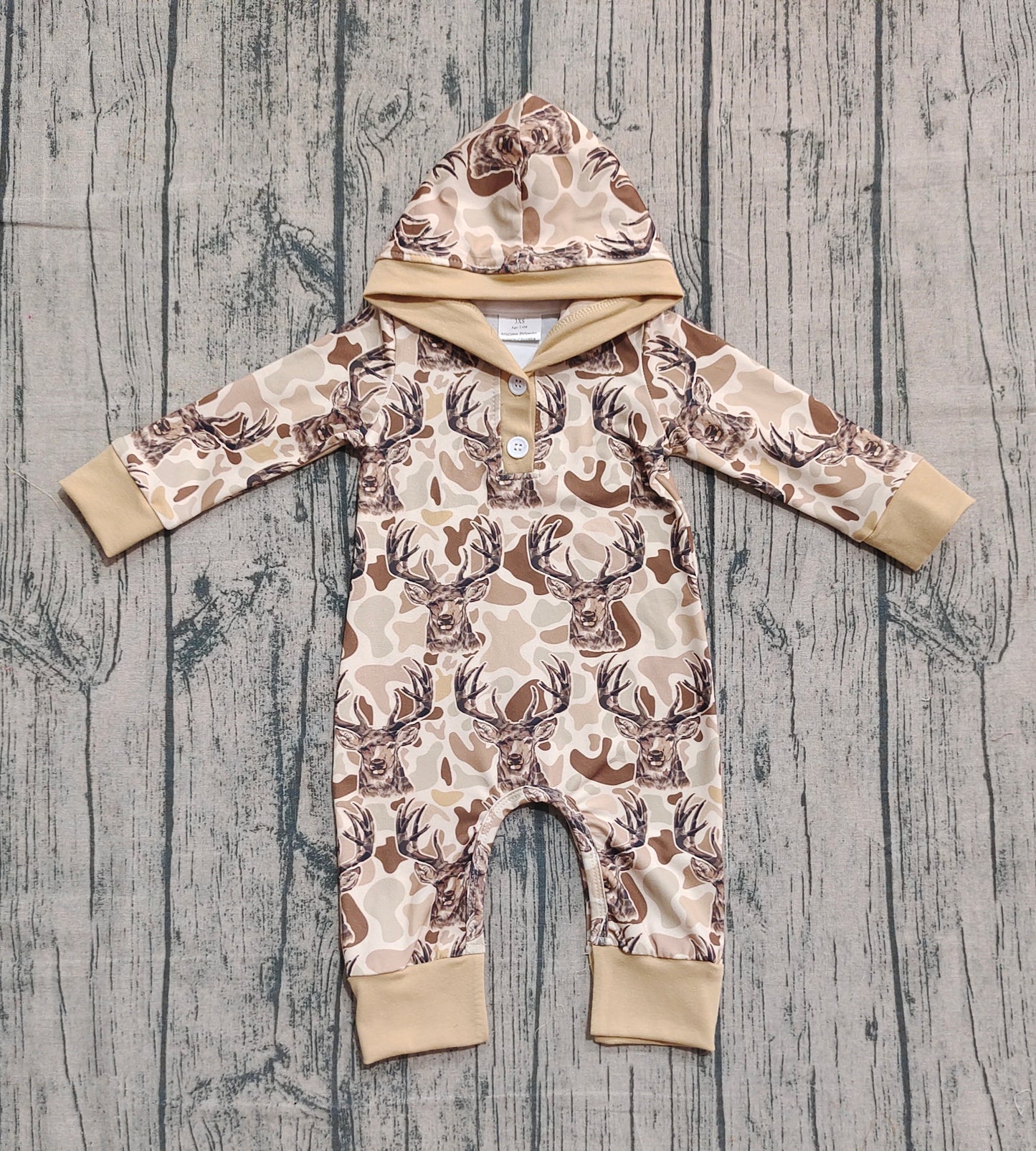 Baby Boys Infant Long Sleeves Deer Camo Hunting Hoodie Buttons Romper RTS