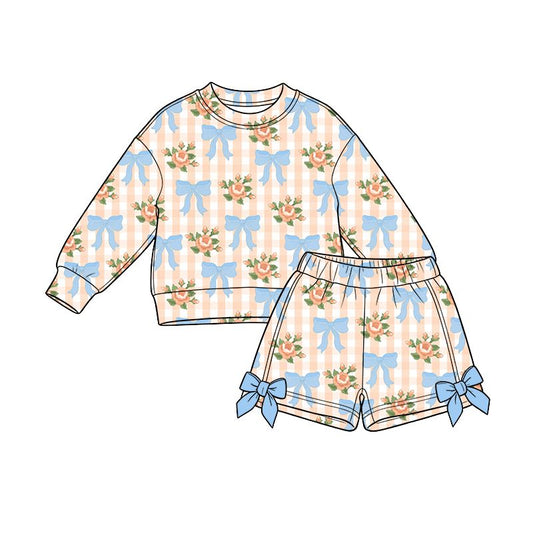 ( Moq 5 ) Preorder Baby Girls Kids Long Sleeves Flower Bows Plaid Shirt Shorts Set Clothes