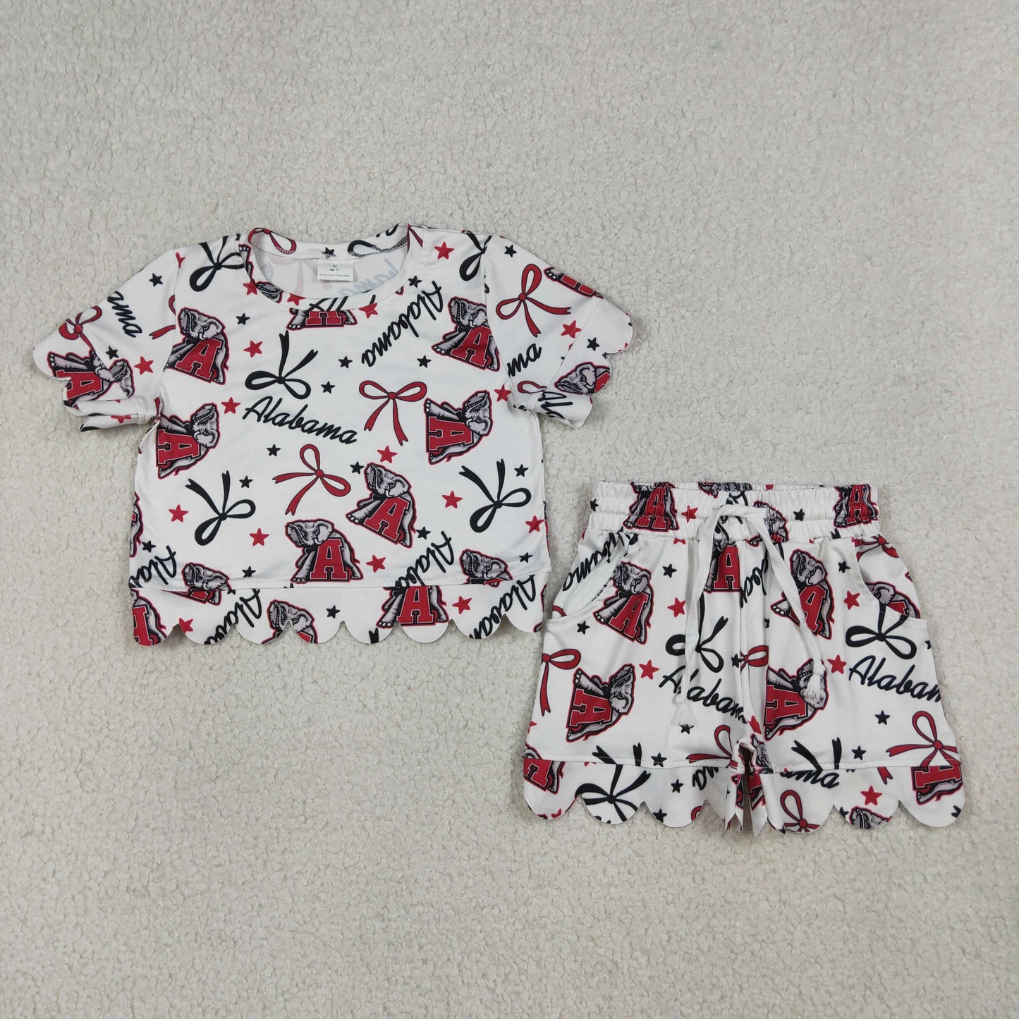 Baby Girls Kids Short Sleeves Bows Elephant Team Shirt Scallop Shorts Summer Set RTS