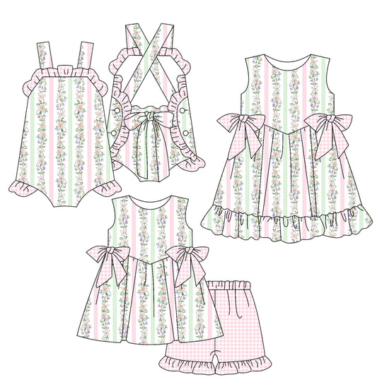 ( Moq 5 Each Style ) Sibling Baby Girls Kids Floral Stripes Bows Romper Dress Set Summer Clothes