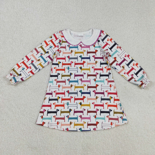 Baby Girl Long Sleeves Colorful Dogs Knee Length Dress RTS