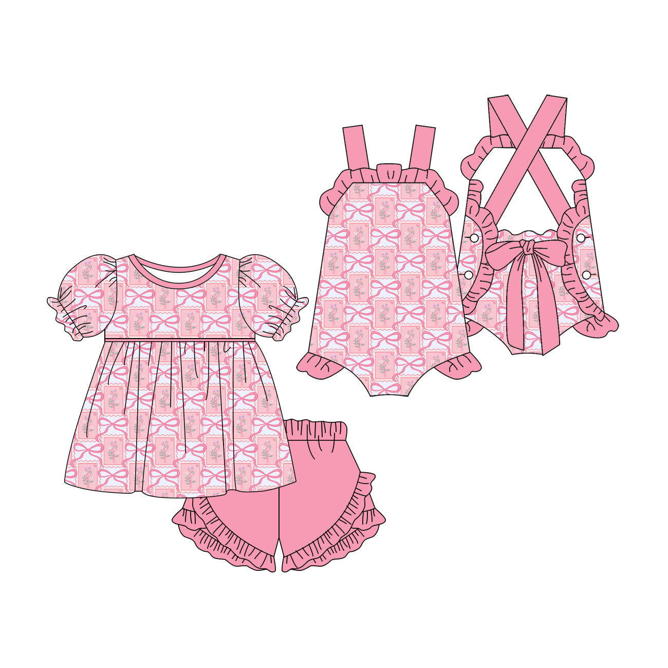 ( Moq 5 Each Style ) Sibling Baby Girls Kids Flower Bows Tops Shorts Summer Set Romper