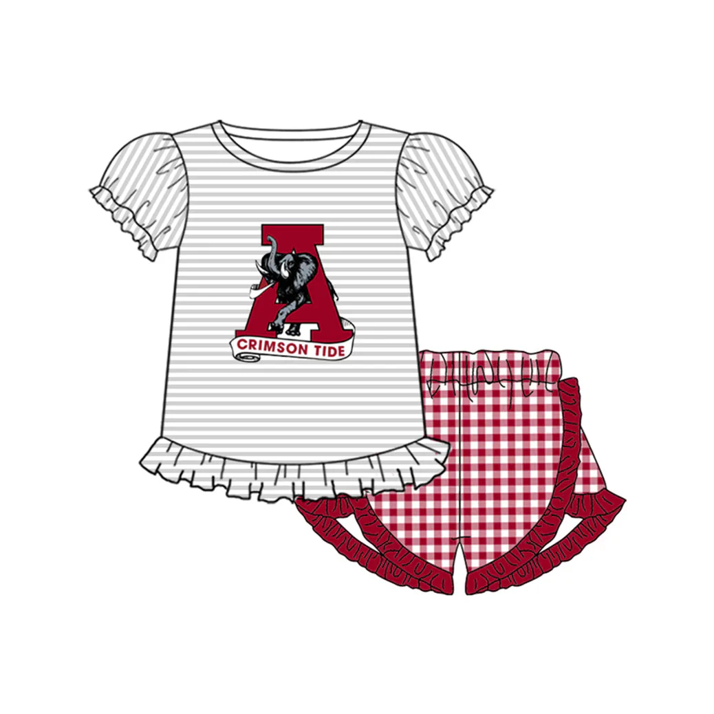 Baby Girl Elephant Team Shirt Plaid Shorts Set