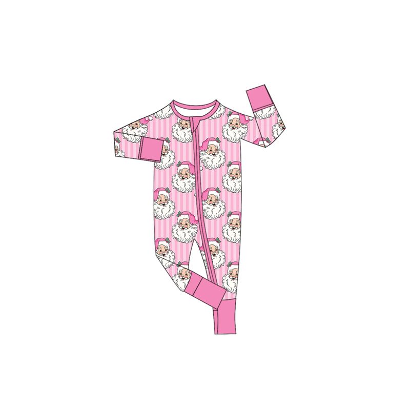 ( No moq ) Preorder Baby Girls Kids Long Sleeves Christmas Santa Pink Stripes Zipper Footie Sleeper Romper