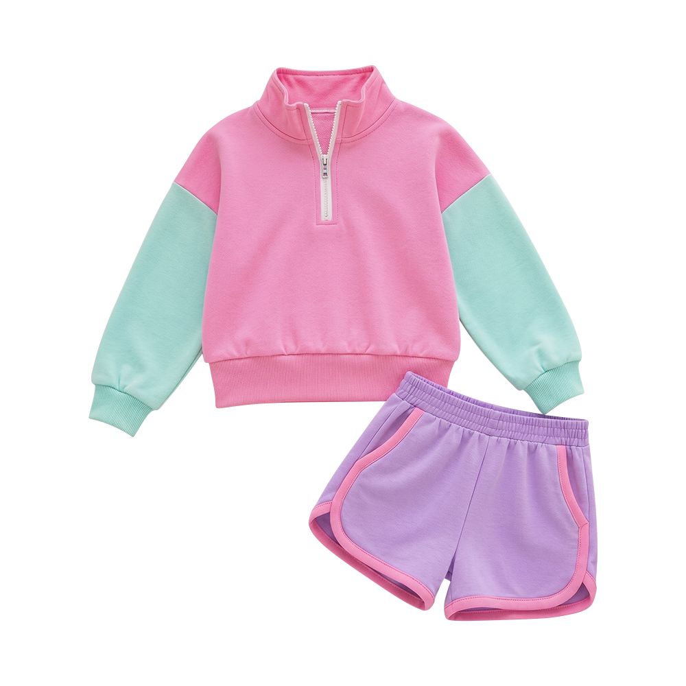 ( Moq 5 ) Preorder Toddler Girls Color Block Half Zip Collar Sweatshirt Athletic Shorts Set