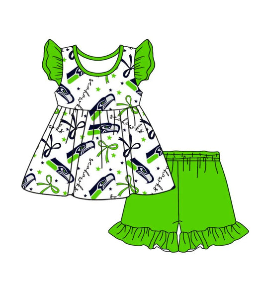 Baby Girl Short Sleeves Team Bows Tunic Green Shorts Clothes Set ( Moq 5 )