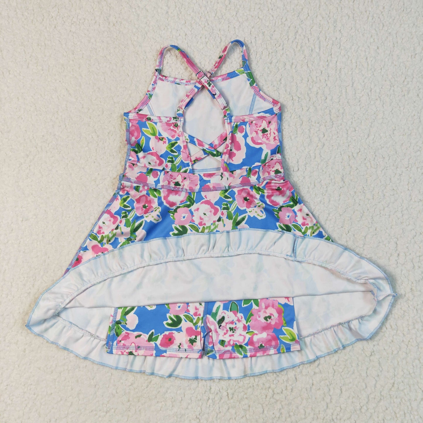 Baby Girl Sleeveless Pink Flower Blue Yoga Active Skort Ruffle Knee Length Dress RTS