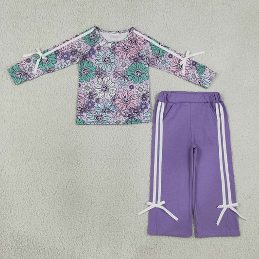 Baby Girls Kids Halloween Pumpkins Flower Bows Shirt Pockets Purple Pants Set RTS