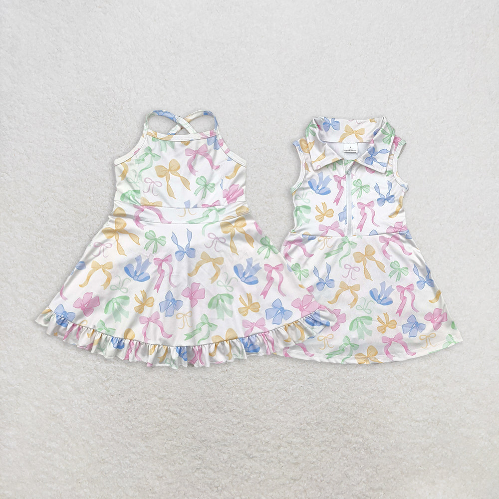 Baby Girl Sleeveless Bows Yoga Active Skort Sibling Knee Length Dress RTS