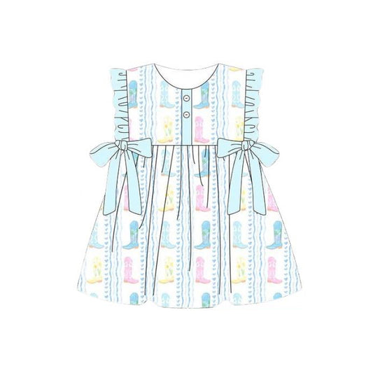 ( Moq 5 ) Preorder Baby Girls Kids Western Boots Bows Ruffle Knee Length Dress