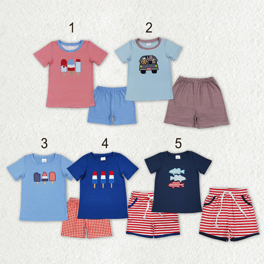 Sibling Baby Boys Kids Short Sleeves Embroidery Shirts Shorts Sets 4th of July Clothes
