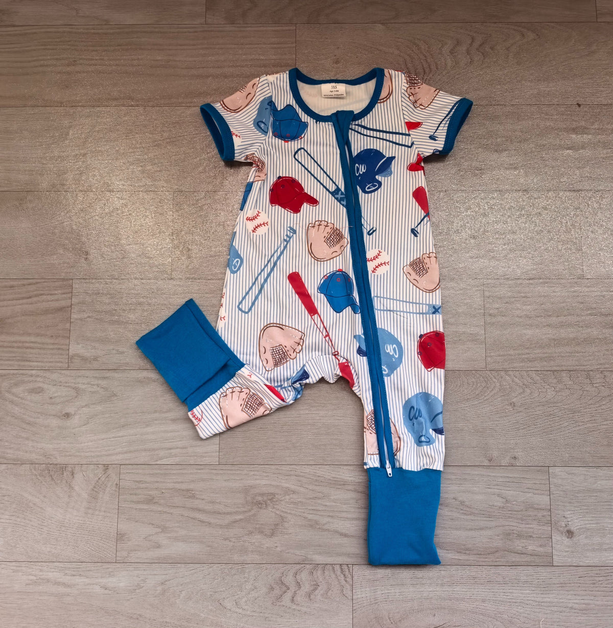 ( No moq ) Preorder Baby Boys Kids Short Sleeves Baseball Stripes Zipper Footie Romper Blue Clothes