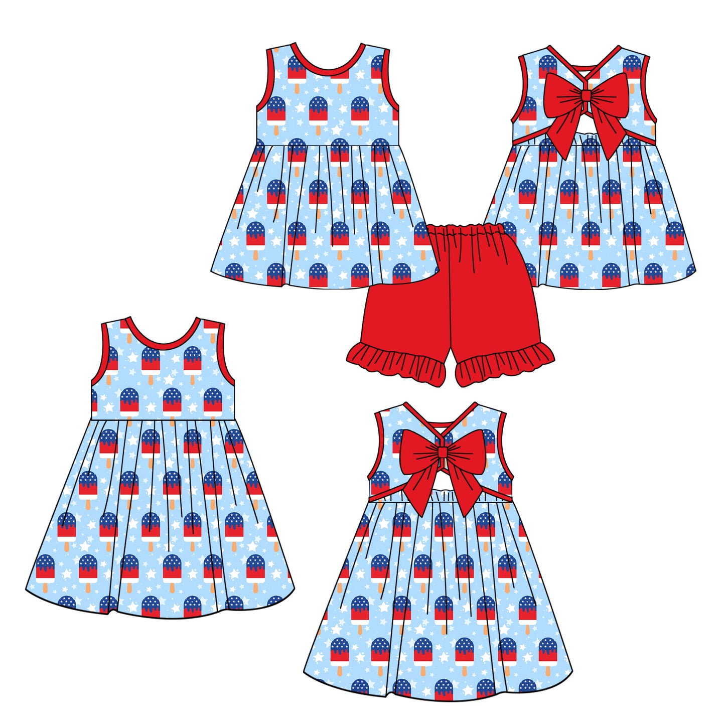 ( Moq 5 Each Style ) Sibling Baby Girls Kids Popsicle Stars Dress Set 4th of July Clothes