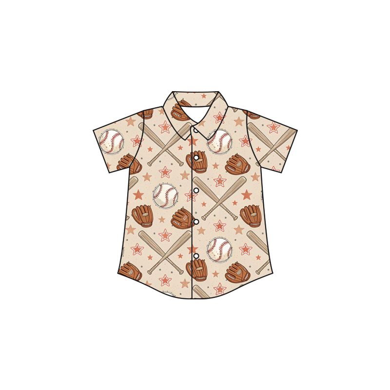 ( Moq 5 ) Preorder Baby Boys Kids Short Sleeves Buttons Shirt Tops Baseball Stars Clothes