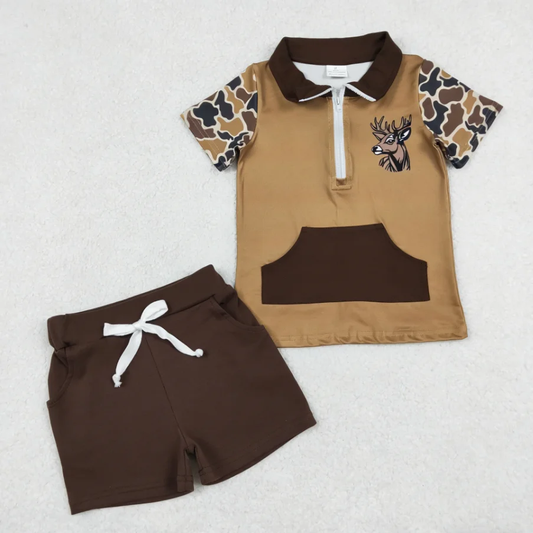 Baby Boys Black Short Camo Sleeves Deer Zipper Shirt Brown Pockets Shorts Clothes Set RTS