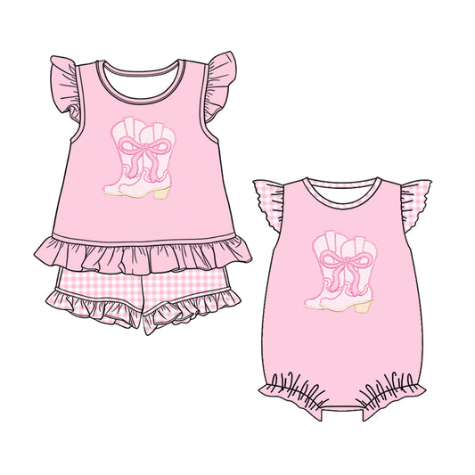 ( Moq 5 Each Style ) Baby Girls Kids Boots Bows Western Sibling Summer Romper Set