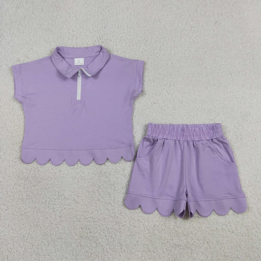 Baby Girls Kids Short Sleeves Zipper Shirt Scallop Shorts Cotton Purple Set RTS