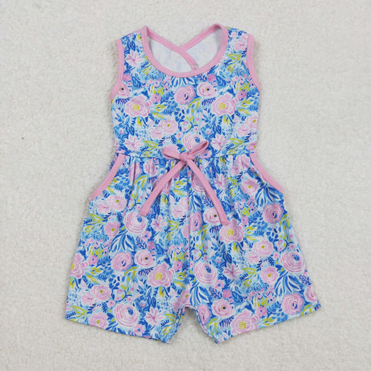 Baby Girl Sleeveless Flower Bows Pockets Shorts Jumpsuit RTS