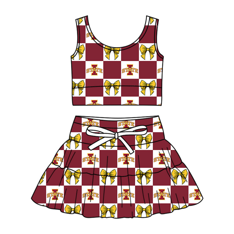 ( Moq 5 ) Baby Girls Toddler Bows Dark Red Checked Tops Shorts Skirt Team Set