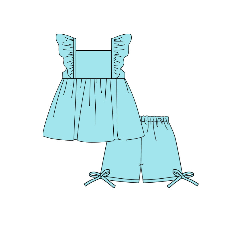 ( Moq 5 ) Preorder Baby Girl Kids Short Sleeves Ruffle Blue Green Tops Bows Shorts Set Cotton Clothes