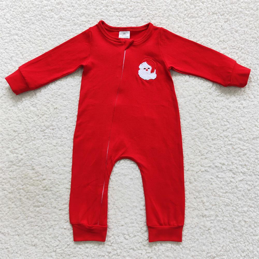 LR0599 Baby Girl Embroidery Christmas Santa Long Sleeves Red Zipper One Piece Romper