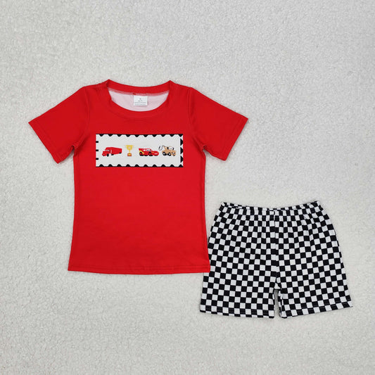 Baby Boy Short Sleeves Car Red Shirt Checkered Shorts Clothes Cartoon Set