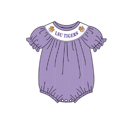 Baby Girl Team Short Sleeves Purple Checkered Tiger Bubble Romper Moq 5