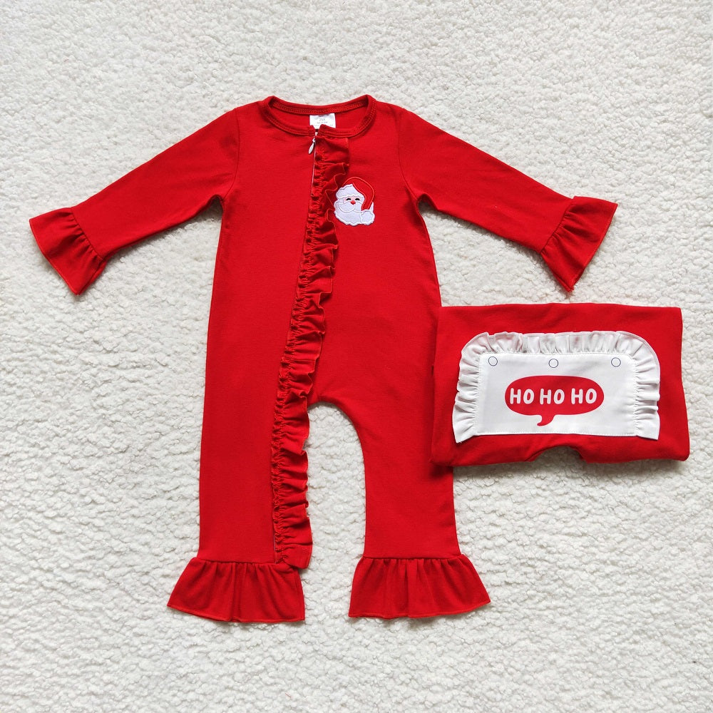LR0599 Baby Girl Embroidery Christmas Santa Long Sleeves Red Zipper One Piece Romper