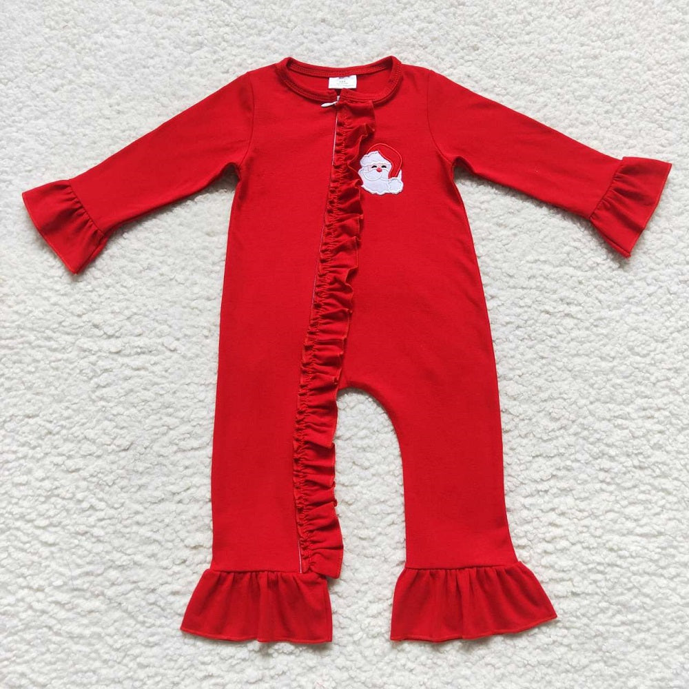 LR0599 Baby Girl Embroidery Christmas Santa Long Sleeves Red Zipper One Piece Romper