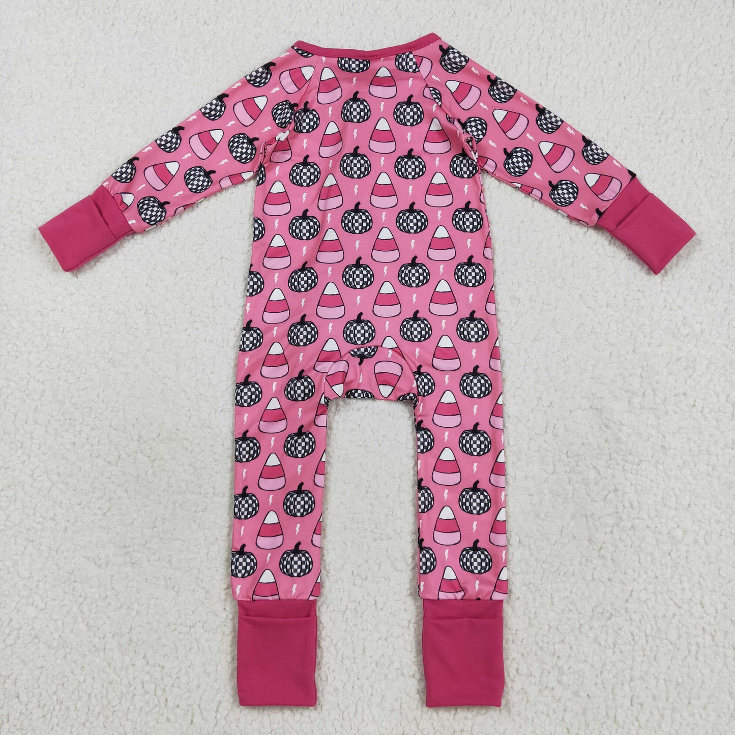 Baby Girl Long Sleeves Pumpkins Candy Corn Zipper Halloween Pink Romper RTS