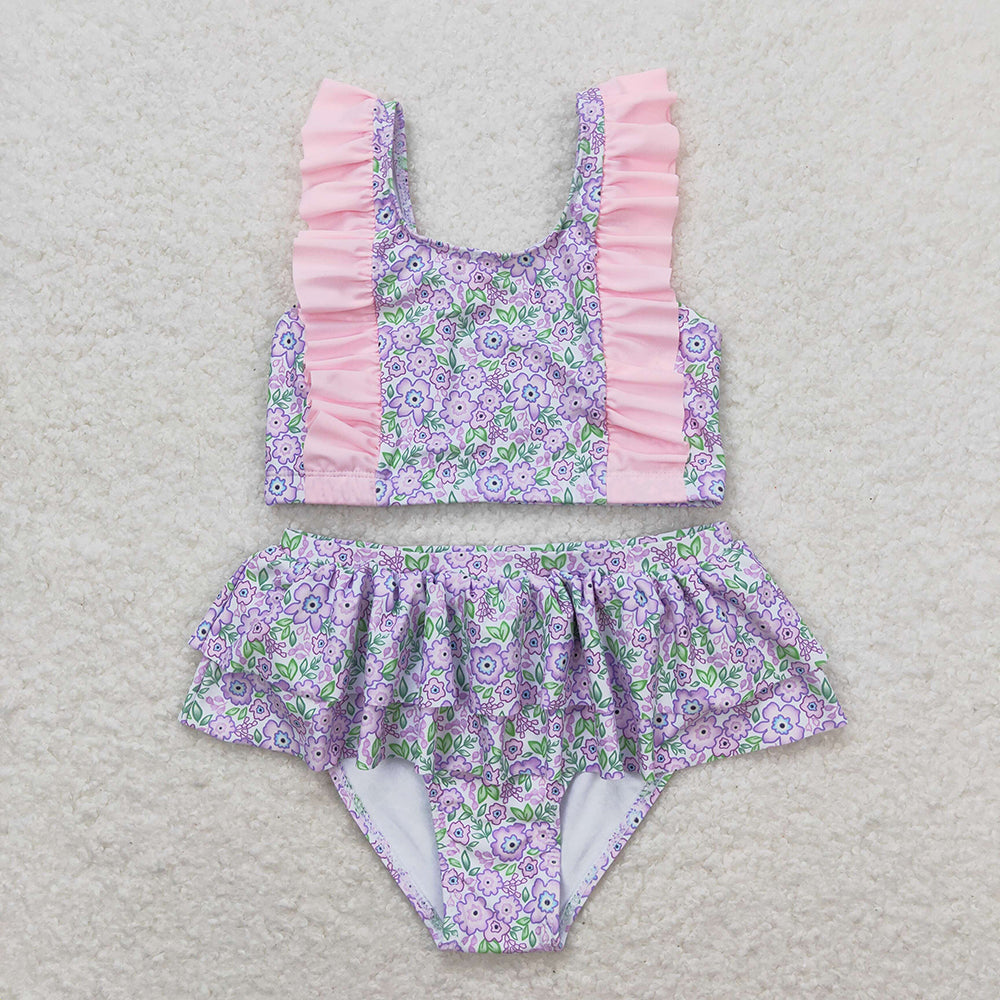 Baby Girl Summer Purple Flower Sibling Sister Ruffle Swimsuit