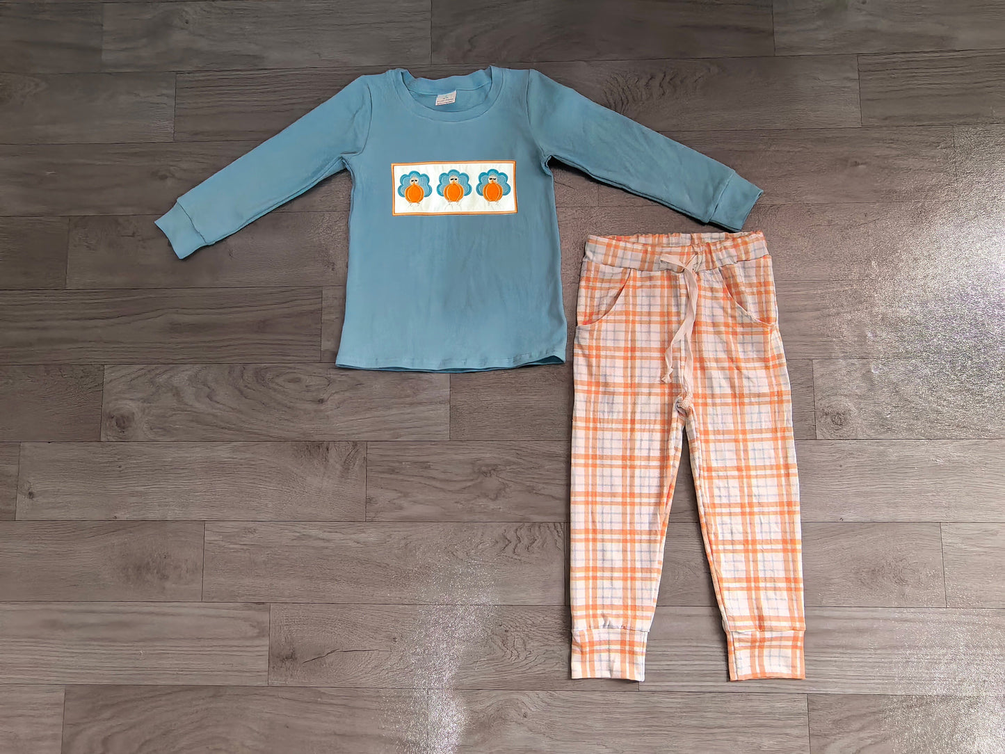 ( No moq ) Preorder Baby Boy Kids Embroidery Pumpkins turkey Shirt Pockets Plaid Pants Set Fall Clothes