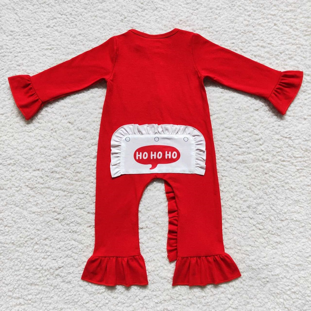 LR0599 Baby Girl Embroidery Christmas Santa Long Sleeves Red Zipper One Piece Romper