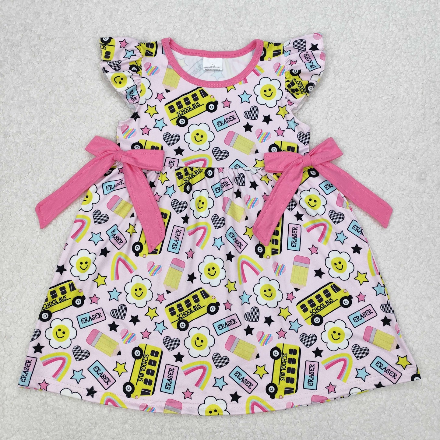 Baby Girl Short Sleeves Pencils Bus Bows Back To School Pink Dress RTS