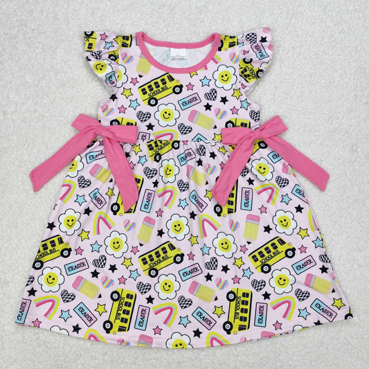Baby Girl Short Sleeves Pencils Bus Bows Back To School Pink Dress RTS