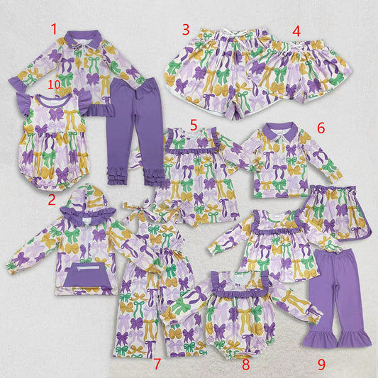 Sibling Family Baby Girls Kids Adult Women Colorful Bows Mardi Gras Romper Shorts Jumpsuit Dress Sets RTS
