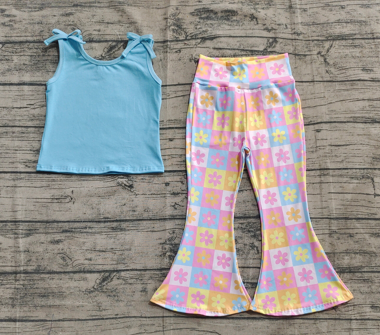Baby Girl Blue Sleeveless Tops Flower Plaid Bell Bottom Pants Set RTS