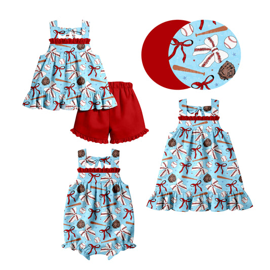 ( Moq 5 Each Style ) Baby Girls Kids Sleeveless Baseball Bows Sibling Summer Romper Dress Set