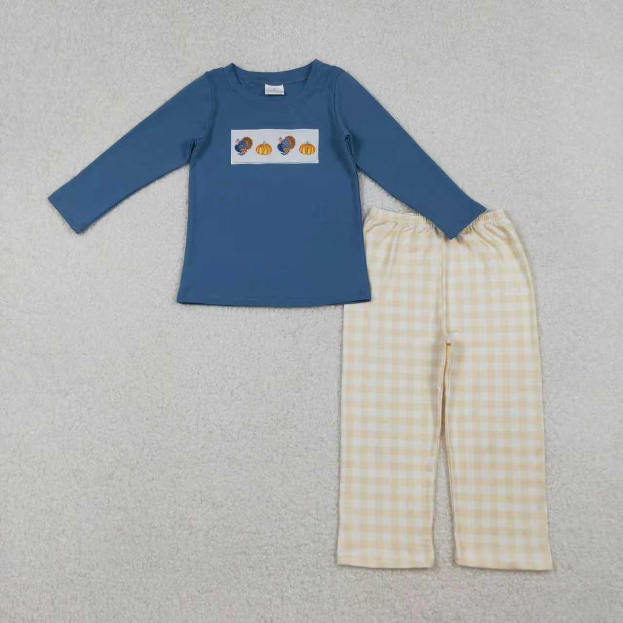Sibling Baby Boys Girls Embroidery turkey Pumpkins Plaid Thanksgiving Fall Romper Set RTS