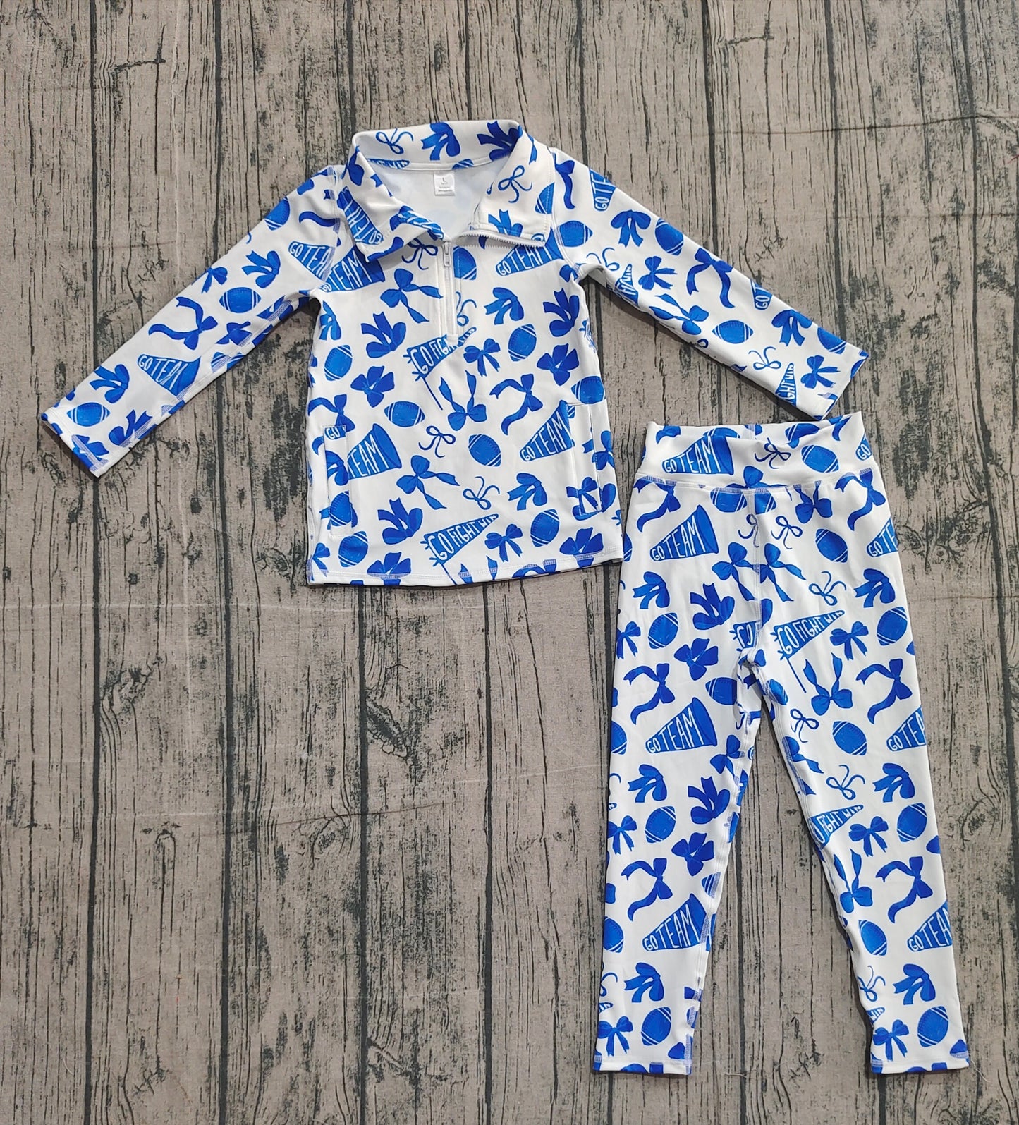 Kids Girls Blue Bows Pockets Zipper Shirt Pants Yoga Football Cheer Set RTS