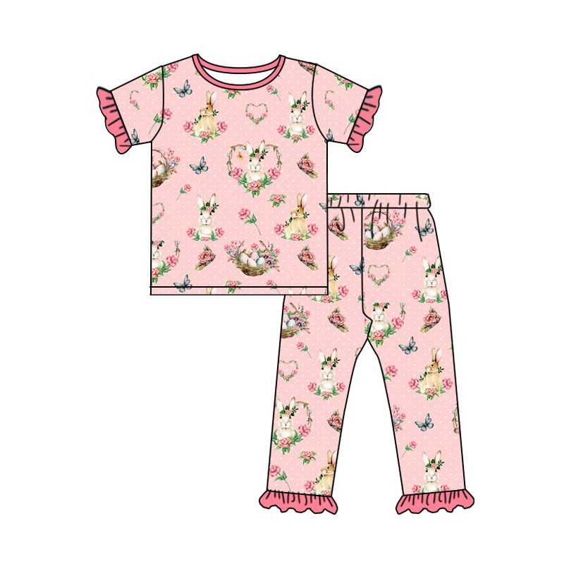 ( Moq 5 ) Preorder Baby Girls Kids Rabbits Eggs Flower Shirt Pants Set Easter Clothes