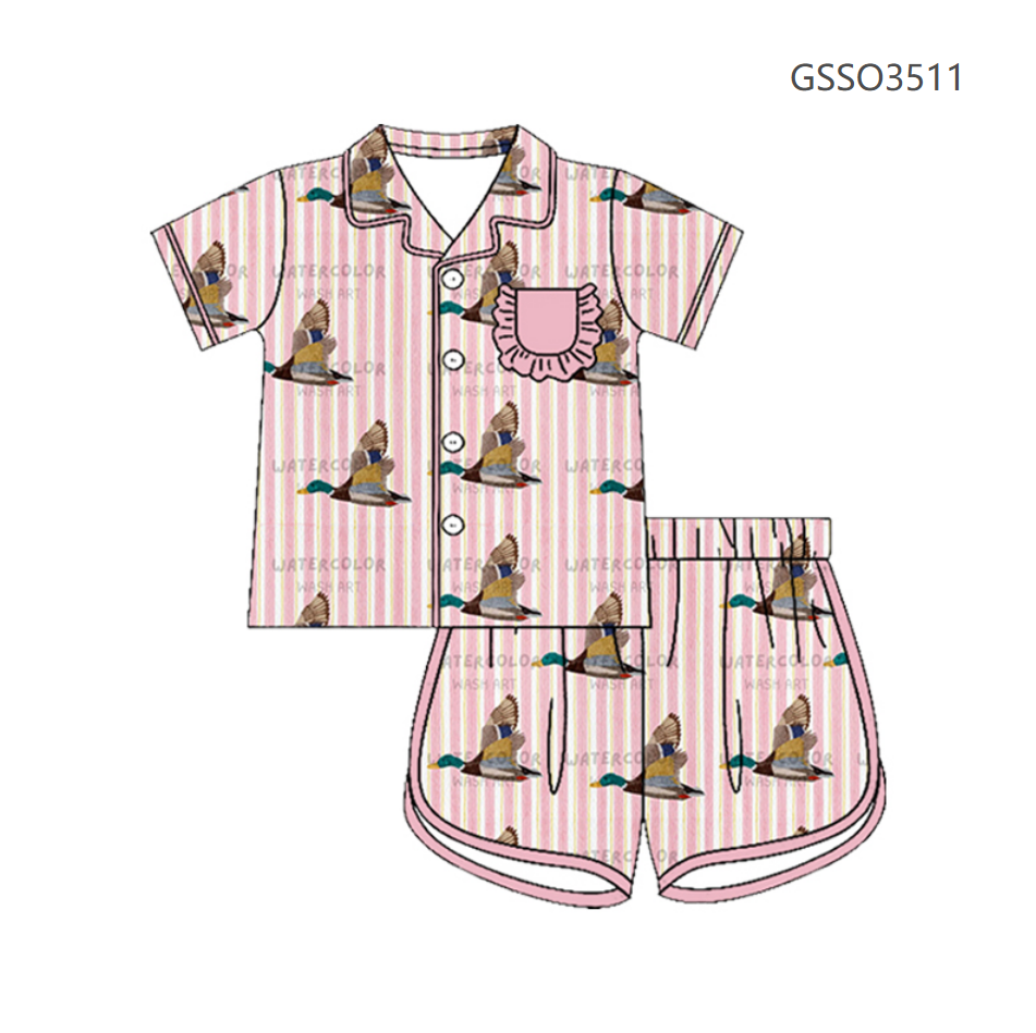 ( Moq 5 ) Preorder Baby Girls Kids Short Sleeves Ducks Stripes Buttons Shirt Shorts Set Pajamas Clothes