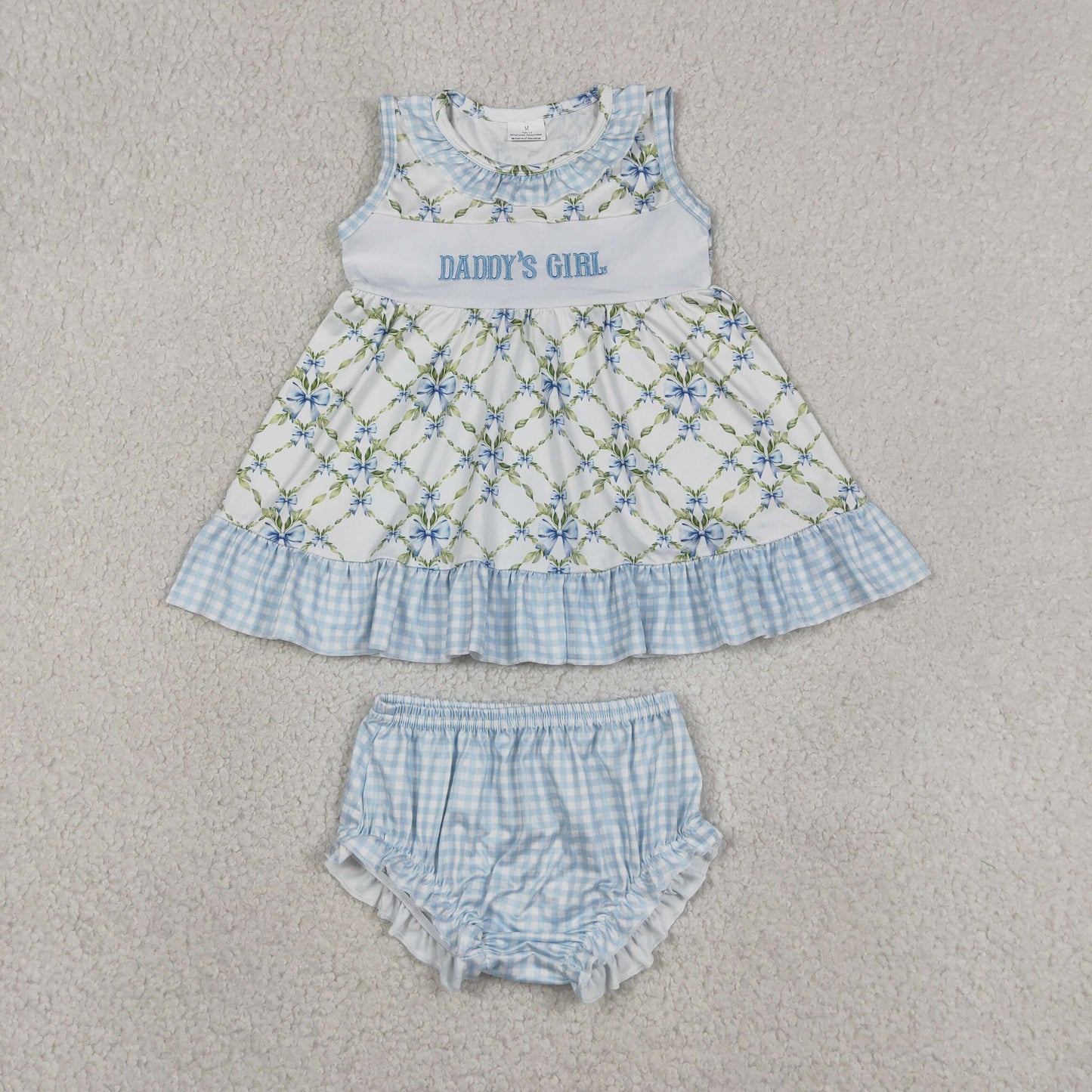 Baby Girls Kids Embroidery Daddy's Girl Bows Tops Blue Bummie Shorts Set Clothes RTS