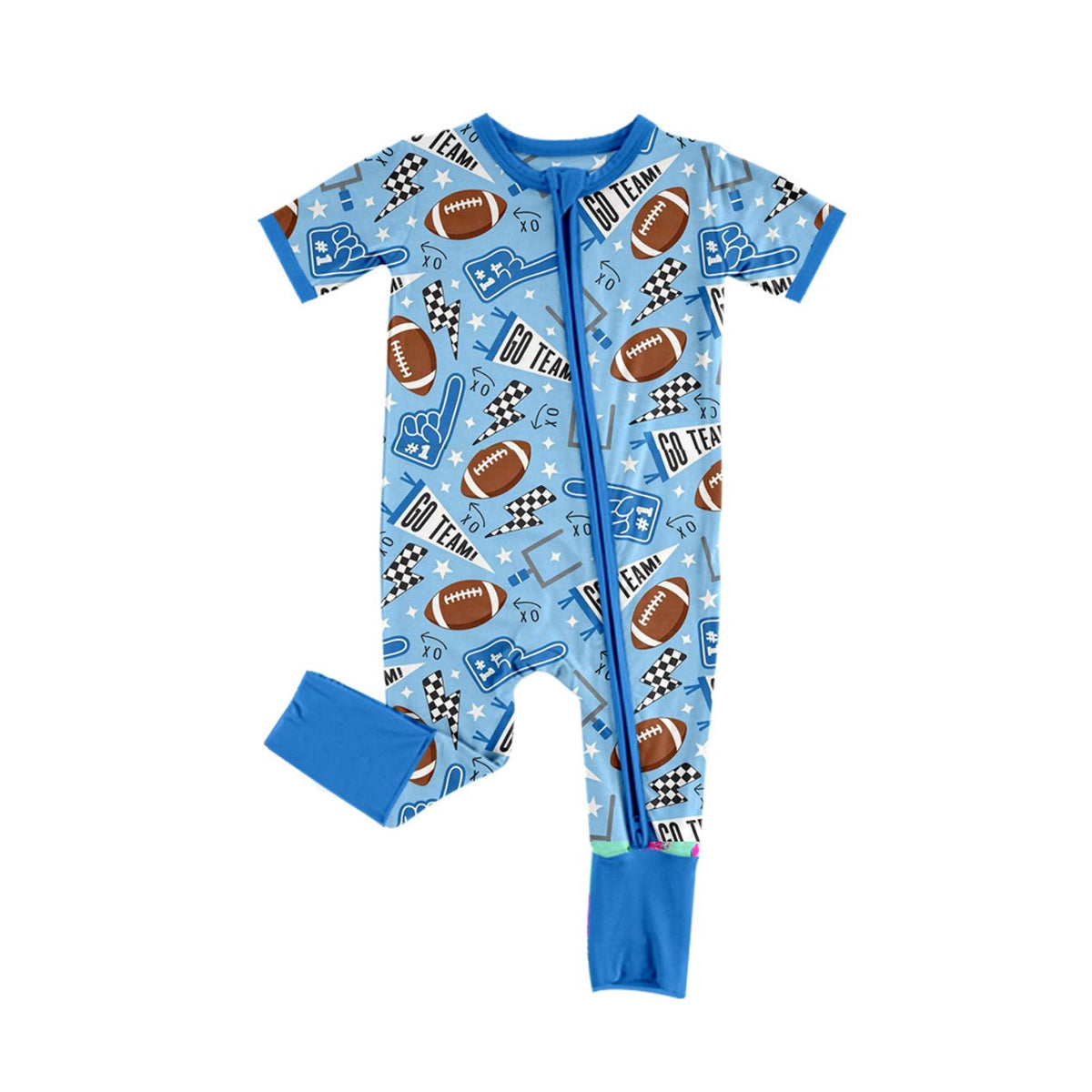 ( Moq 5 ) Preorder Baby Boys Kids Short Sleeves Football Zipper Footie Romper Blue Clothes