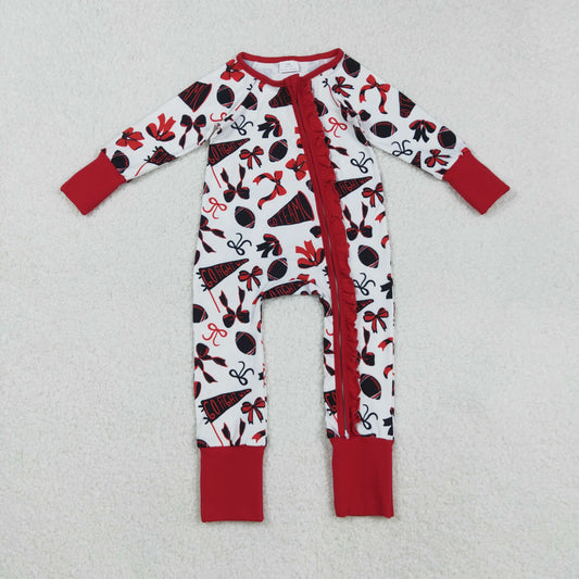 Baby Girl Long Sleeves Football Bows Team Cheer Red Zipper Romper RTS