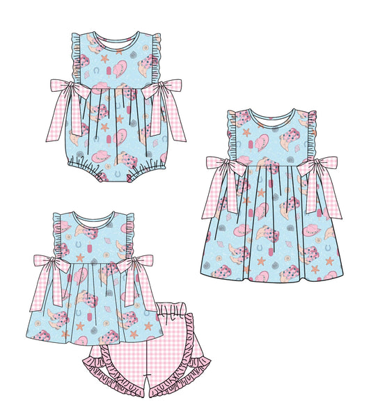 Baby Girl Western Boots Hats Sibling Romper Dress Set ( Moq 5 Each Style ) 1.23